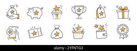Reward bonus gift icon set. Benefit reward bonus loyalty prize hand drawn sketch line pen stroke style icon. Benefit gift coupon, loyalty card sketch doodle drawn collection. Vector illustration Stock Vector