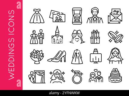 Wedding Icon Set - Minimal Wedding Symbols Stock Vector
