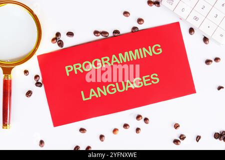 Business, programming, interface, application and network concept. Text PROGRAMMING LANGUAGES on the red card, top view. Stock Photo