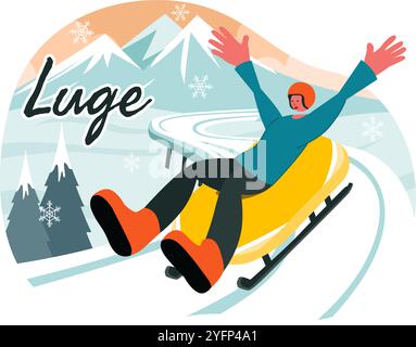 Luge Sled Race Athlete Winter Sport Vector Illustration featuring an Athlete Riding a Sled on Ice in a Flat Style Cartoon Background Stock Vector