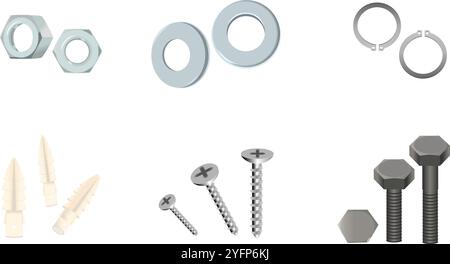 The spare part home extension, fasten the object with screw set- Nut, Washer, Retaining ring, Anchor, Screw, Bolt Stock Vector