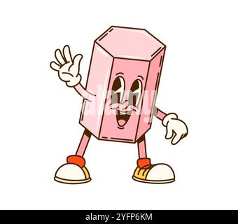 Groovy math geometric hexagonal prism figure character. Isolated cartoon vector playful educational personage for children geometry learning, with a pink color, joyful face expression and funky vibe Stock Vector
