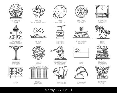 Singapore travel vacation icons with thin line landmarks. Vector Singapore flyer, flag, buildings of Marina Bay Sands and changi airport. Artscience museum, orchid and gardens by the bay outline signs Stock Vector