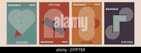 Set of modern abstract posters with geometric shapes with stripe pattern. Vector background in trendy bohemian style. Stock Vector