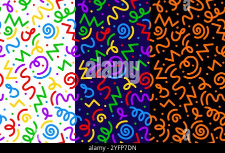 Kids holiday squiggle line pattern of abstract doodle and scribble colors, vector backgrounds. Squiggle line seamless patterns with colorful scribble swirls, wavy zigzags and funny twirl confetti Stock Vector