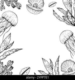 Vector frame with opened oyster seashell with pearl, coral, jellyfish, seaweed, laminaria. Hand painted line sketch. Graphic tropical clip art isolate Stock Vector