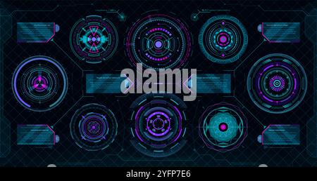 Circular futuristic HUD elements, digital Sci Fi interface. Future technology cyber game UI vector graphic, futuristic HUD control panel elements, round holograms, info boxes and callout title frames Stock Vector