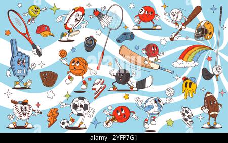 Retro cartoon groovy sport characters of soccer or football balls, vector comic art. Groovy sport characters of funky volleyball and freaky baseball bat with rugby ball and gold club in retro cartoon Stock Vector