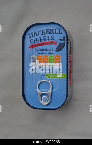 Tin of Mackerel in Tomato sauce by Sainsbury's on light background Stock Photo