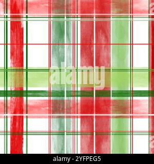 Tartan vector red, green and white textured in watercolor look. Plaid tartan endless pattern. Stock Vector