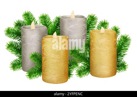 Four vintage LED real wax candles silver gold isolated on white background Stock Photo
