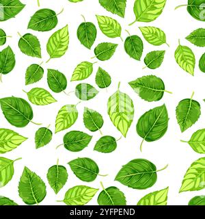 seamless pattern features various shades and shapes of green leaves against a white background. Perfect for nature-themed designs, eco-friendly Stock Vector