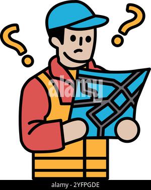 A man is holding a map and looking at it. He is wearing a yellow vest and a blue hat Stock Vector