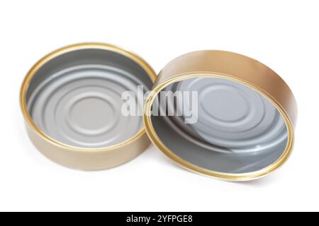 Two Opened Empty Tin Cans Isolated on White Background. Clean Used Aluminum Cans - Isolation. Non-Degradable Inorganic Waste Stock Photo