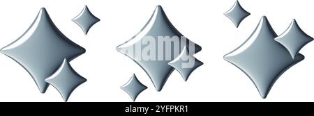 Chrome y2k star emoji set with 3d silver metal sparkle vector stickers Stock Vector