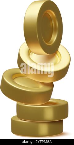 3d realistic gold coins stack set. Minimal metal money vector illustration isolated on white Stock Vector