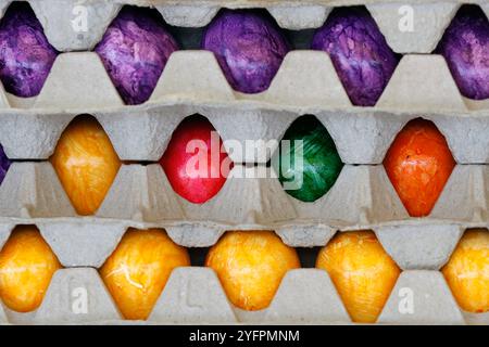 Cardboard box with colored easter eggs for sale. Vienna. Austria. Stock Photo