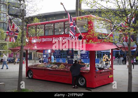 Nottingham, 30 April 2023. The Great British Fudge Company bus parked outside the Motorpoint Arens in Nottingham during the 2023 IIHF Ice Hockey World Championship, Division I, Group A tournament. Credit: Colin Edwards Stock Photo