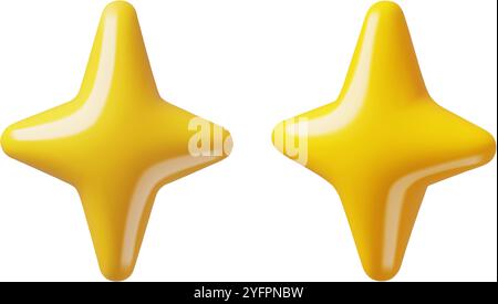 Four pointed stars or sparkles 3d realistic icons. Minimal three dimensional vector decorations Stock Vector