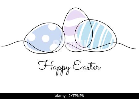 Happy Easter minimal greeting card with one line art painted eggs and handwritten style text Stock Vector