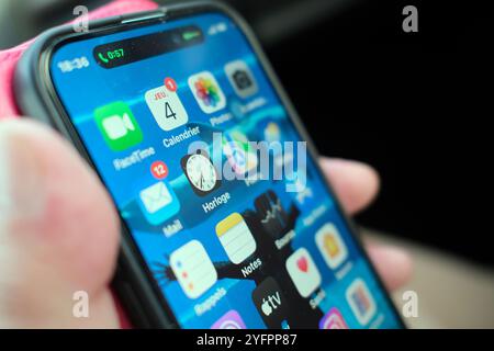 Man using and smartphone. Close up on apps.  France. Stock Photo