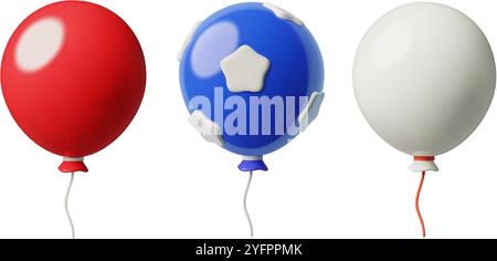 3D balloons icons for 4th July blue, red and white with stars holiday vector design elements Stock Vector