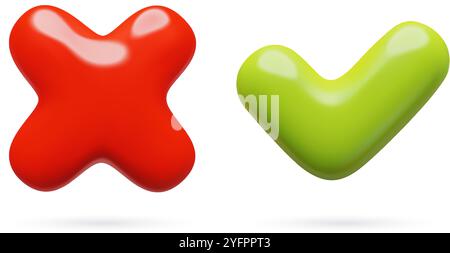 3d cross and tick minimal plastic checkmark icons set isolated on white background. Stock Vector