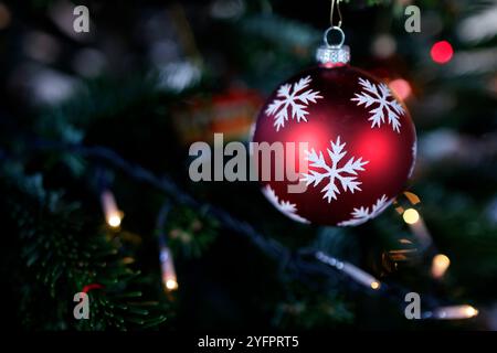 Christmas tree decorated with ornaments. Stock Photo