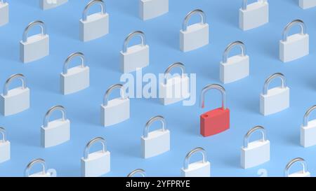 Padlocks on blue background. One open. Orthographic. 3d illustration. Stock Photo