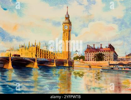 Big Ben Clock Tower and thames river in London at England. Watercolor painting illustration landscape beautiful season. Landmark, business city, popul Stock Photo