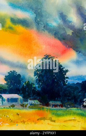 Abstract watercolor painting landscape on paper colorful of village view,tree mountain in the beauty summer season, wild life, in evening, sky backgro Stock Photo