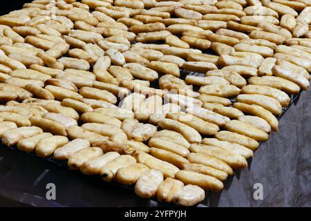Bananas drying in the sun. Dry food.  An Giang Province. Mekong Delta, Vietnam. Stock Photo