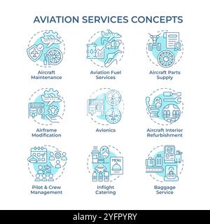 Aviation services soft blue concept icons Stock Vector