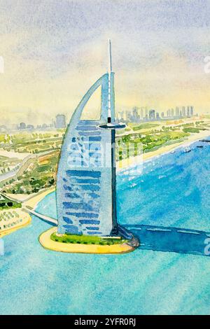 Paintings landmark highest buildings beautiful skyline scene in Dubai. The Palm island, United Arab Emirates. Watercolor landscape painting illustrati Stock Photo