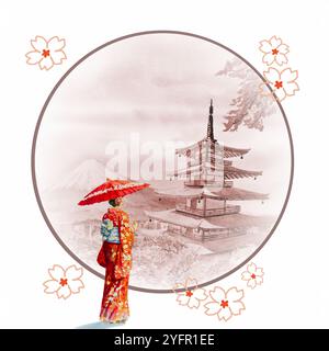 Asian woman wearing japanese traditional kimono. Travel landmarks famous of Japan. Watercolor painting illustration Mount Fuji, Chureito red Pagoda of Stock Photo