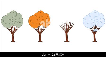 Environmental cycle phase tree natura plant seasonal summer spring autumn fall winter season colorful leaves trunk branches collection woods trees Stock Vector