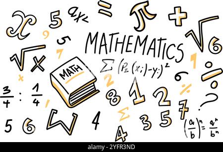 Maths doodle line set school Illustration. Hand Drawn Stock Vector