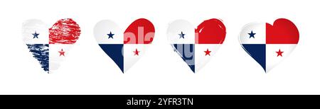Love Panama collection of stickers. Set of isolated heart symbols with Panamanian flag inside and clipping mask. Tourism logo design. Brushing stroke Stock Vector