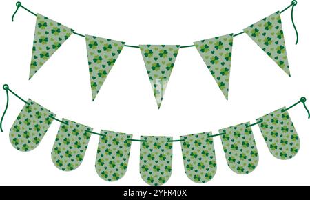 Triangular and Rounded Pennants patterned quatrefoil clover and hearts in trendy monochrome green. Set of 2 Isolated Vector illustration St Patrick Greeting card, poster, leaflet, banner or web promo Stock Vector
