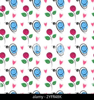 Stylized butterflies, roses and hearts Springtime Seamless Pattern in trendy marker colors. Backdrop. Isolated Vector illustration Wrapping, wallpaper or web, banner, greeting or invitation background Stock Vector