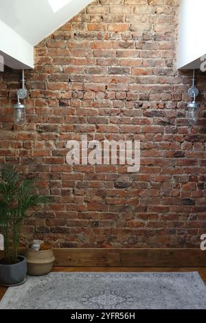 Minimalist Brick Wall Interior with Ceiling Lights, and Potted Plant ...