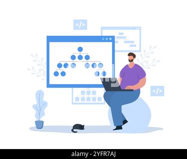 Sitemap creation. Website creation tool. Male developer with laptop. Online software and web page structure. UX designer workflow. Vector illustration Stock Vector