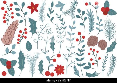 Winter set of botanical elements for design. Flowers poinsettia, holly, cones, berries, foliage and twigs hand drawn collection. Simple nature decor Stock Vector