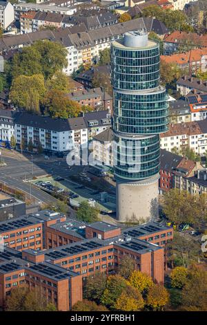 Luftbild, Exzenterhaus an der Universitätsstraße, futuristisches Büro-Hochhaus, Südinnenstadt, Bochum, Ruhrgebiet, Nordrhein-Westfalen, Deutschland ACHTUNGxMINDESTHONORARx60xEURO *** Aerial view, eccentric building on Universitätsstraße, futuristic office high-rise, south inner city, Bochum, Ruhr area, North Rhine-Westphalia, Germany ATTENTIONxMINDESTHONORARx60xEURO Stock Photo