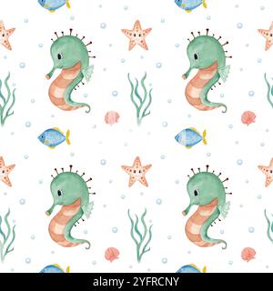 Watercolor sea pattern with seahorse, seashells, starfish, seaweed, bubbles. Perfect for wallpaper, fabric textiles and wrapping paper. Stock Photo