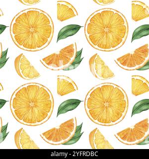 Watercolor seamless pattern with slices of orange fruit on white background. Hand drawn botanical illustration Stock Photo