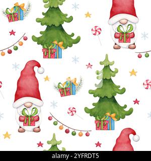 Holiday seamless pattern of watercolor gnomes, Christmas trees, gifts, lollipops in cartoon style. New Year seamless background. Stock Photo