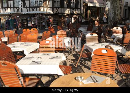 Al fresco dining table ready at Place Benjamin Zix Square Strasbourg France 2024 daytime Stock Photo