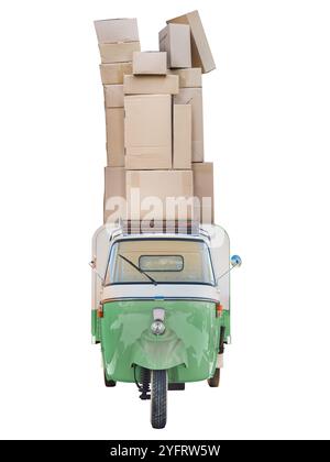 Vintage Italian three wheeled scooter delivery van with cardboard parcels and boxes on top isolated on a white background Stock Photo