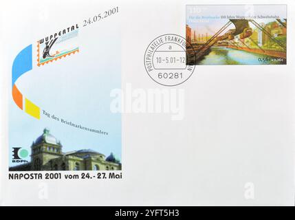 Letter with cancelled postage stamp printed by Germany, that shows Suspension Railway, Wuppertal, 100th anniversary, circa 2001. Stock Photo